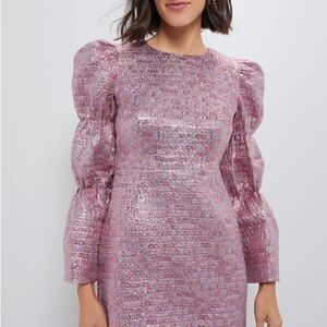 Tuckernuck Hyacinth House — Pink Jacquard Metallic Pink Puff Sleeve Dress - XS